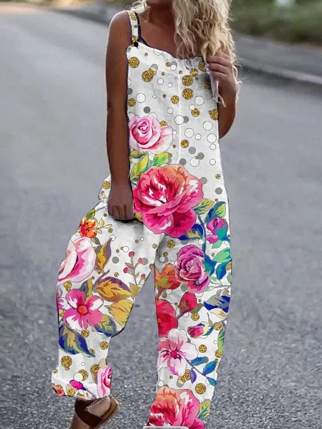 Street Loose Fit Floral Cold Shoulder Sleeveless Wide Leg Jumpsuit - Image 1
