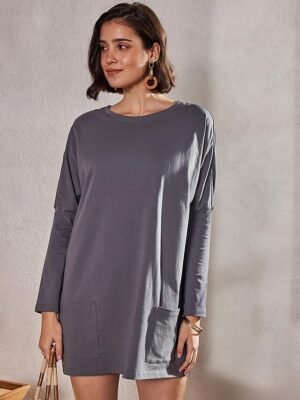 Street Regular Solid Round Neck Short Sleeve Tunic Top - Image 3