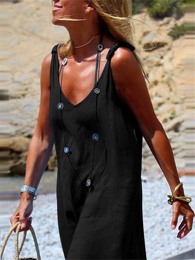 Street Regular Solid V Neck Sleeveless Long Dungarees - Image 2