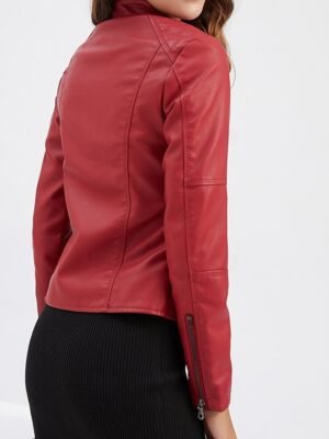 Street Style Regular Fit Plain Stand Collar Long Sleeve Faux Leather Jacket - Image 13