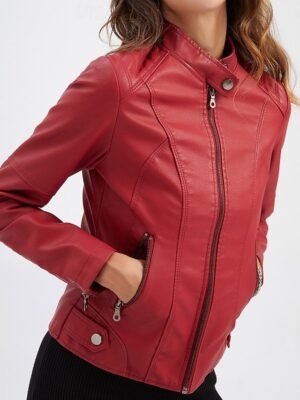 Street Style Regular Fit Plain Stand Collar Long Sleeve Faux Leather Jacket - Image 14