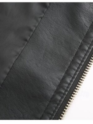 Street Style Regular Fit Plain Stand Collar Long Sleeve Faux Leather Jacket - Image 14