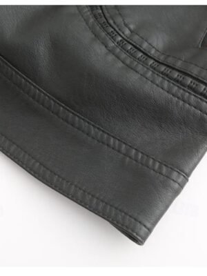 Street Style Regular Fit Plain Stand Collar Long Sleeve Faux Leather Jacket - Image 15