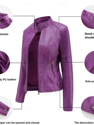 Street Style Regular Fit Plain Stand Collar Long Sleeve Faux Leather Jacket - Image 16