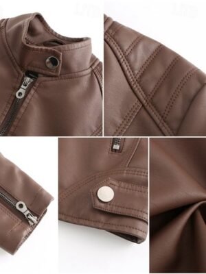 Street Style Regular Fit Plain Stand Collar Long Sleeve Faux Leather Jacket - Image 17