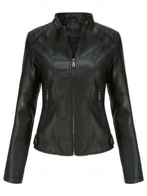 Street Style Regular Fit Plain Stand Collar Long Sleeve Faux Leather Jacket - Image 20