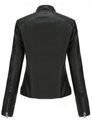 Street Style Regular Fit Plain Stand Collar Long Sleeve Faux Leather Jacket - Image 21