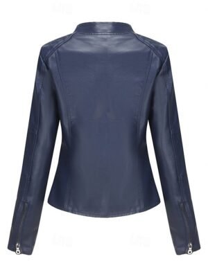 Street Style Regular Fit Plain Stand Collar Long Sleeve Faux Leather Jacket - Image 25