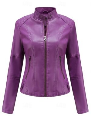 Street Style Regular Fit Plain Stand Collar Long Sleeve Faux Leather Jacket - Image 30