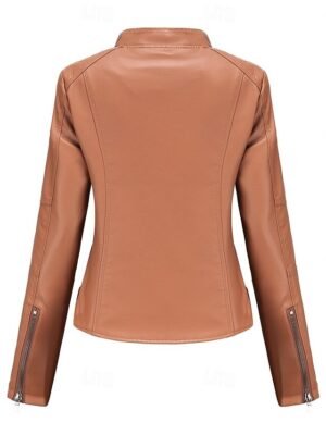 Street Style Regular Fit Plain Stand Collar Long Sleeve Faux Leather Jacket - Image 34