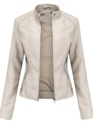Street Style Regular Fit Plain Stand Collar Long Sleeve Faux Leather Jacket - Image 36