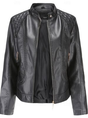 Street Style Regular Fit Plain Stand Collar Long Sleeve Faux Leather Jacket - Image 6