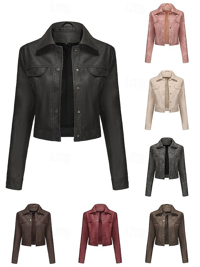 Street Style Regular Fit Plain Turndown Long Sleeve Short Faux Leather Jacket - Image 1