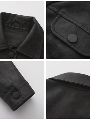 Street Style Regular Fit Plain Turndown Long Sleeve Short Faux Leather Jacket - Image 21