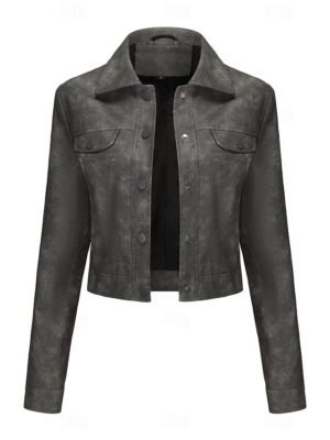 Street Style Regular Fit Plain Turndown Long Sleeve Short Faux Leather Jacket - Image 22