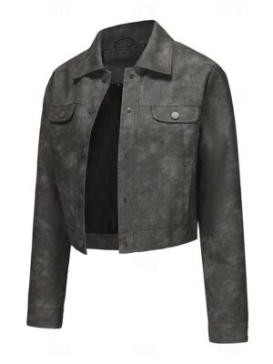 Street Style Regular Fit Plain Turndown Long Sleeve Short Faux Leather Jacket - Image 23