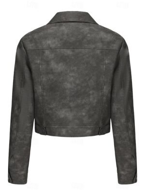 Street Style Regular Fit Plain Turndown Long Sleeve Short Faux Leather Jacket - Image 24