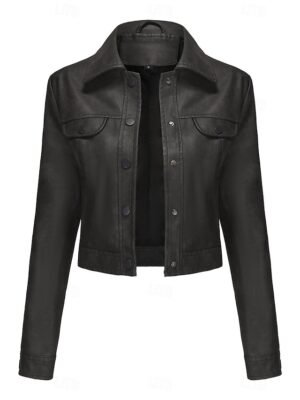 Street Style Regular Fit Plain Turndown Long Sleeve Short Faux Leather Jacket - Image 25