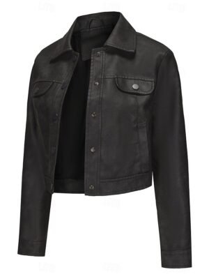 Street Style Regular Fit Plain Turndown Long Sleeve Short Faux Leather Jacket - Image 26