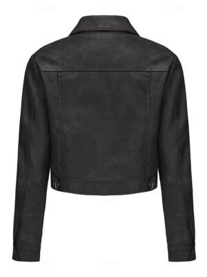 Street Style Regular Fit Plain Turndown Long Sleeve Short Faux Leather Jacket - Image 27
