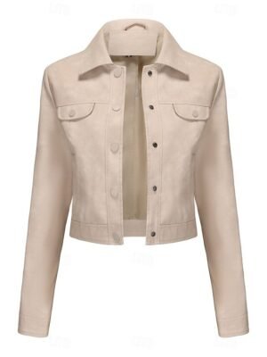 Street Style Regular Fit Plain Turndown Long Sleeve Short Faux Leather Jacket - Image 28