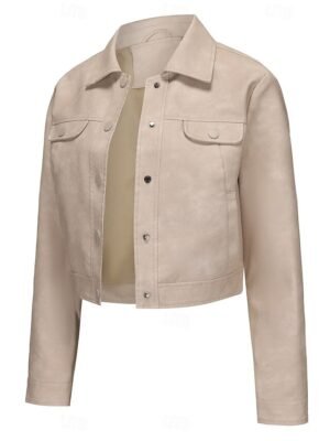 Street Style Regular Fit Plain Turndown Long Sleeve Short Faux Leather Jacket - Image 29