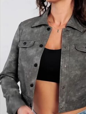 Street Style Regular Fit Plain Turndown Long Sleeve Short Faux Leather Jacket - Image 3