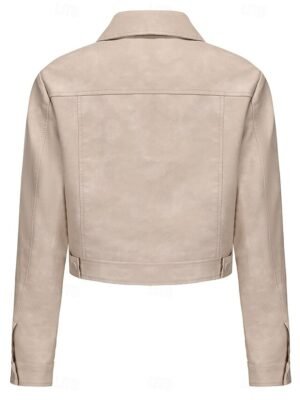 Street Style Regular Fit Plain Turndown Long Sleeve Short Faux Leather Jacket - Image 30