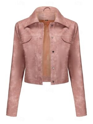 Street Style Regular Fit Plain Turndown Long Sleeve Short Faux Leather Jacket - Image 31
