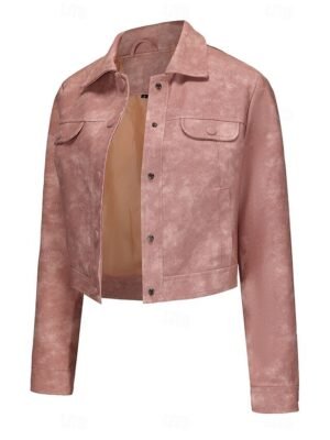 Street Style Regular Fit Plain Turndown Long Sleeve Short Faux Leather Jacket - Image 32
