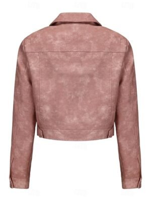 Street Style Regular Fit Plain Turndown Long Sleeve Short Faux Leather Jacket - Image 33
