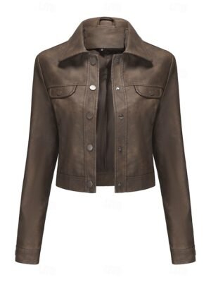 Street Style Regular Fit Plain Turndown Long Sleeve Short Faux Leather Jacket - Image 34