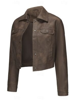 Street Style Regular Fit Plain Turndown Long Sleeve Short Faux Leather Jacket - Image 35