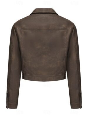 Street Style Regular Fit Plain Turndown Long Sleeve Short Faux Leather Jacket - Image 36