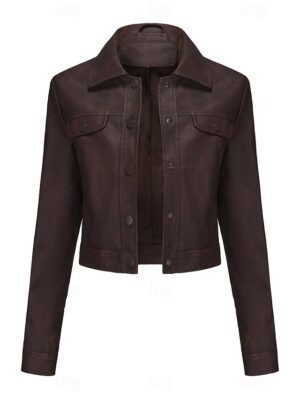 Street Style Regular Fit Plain Turndown Long Sleeve Short Faux Leather Jacket - Image 37
