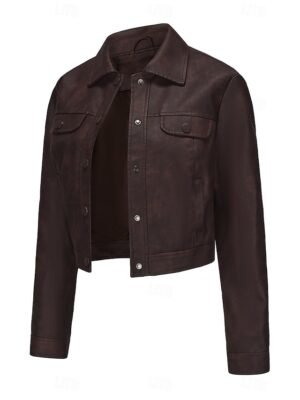 Street Style Regular Fit Plain Turndown Long Sleeve Short Faux Leather Jacket - Image 38