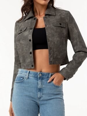 Street Style Regular Fit Plain Turndown Long Sleeve Short Faux Leather Jacket - Image 4