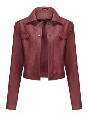 Street Style Regular Fit Plain Turndown Long Sleeve Short Faux Leather Jacket - Image 40