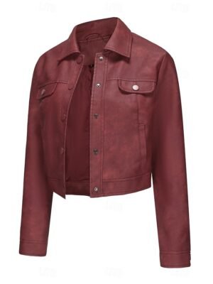 Street Style Regular Fit Plain Turndown Long Sleeve Short Faux Leather Jacket - Image 41