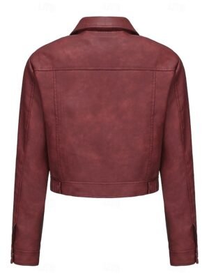 Street Style Regular Fit Plain Turndown Long Sleeve Short Faux Leather Jacket - Image 42