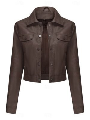 Street Style Regular Fit Plain Turndown Long Sleeve Short Faux Leather Jacket - Image 43