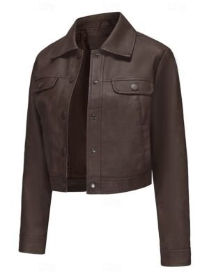Street Style Regular Fit Plain Turndown Long Sleeve Short Faux Leather Jacket - Image 44