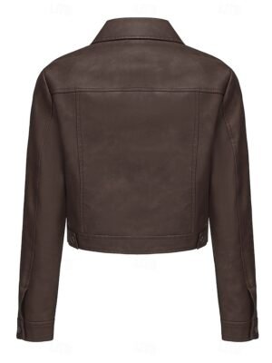Street Style Regular Fit Plain Turndown Long Sleeve Short Faux Leather Jacket - Image 45