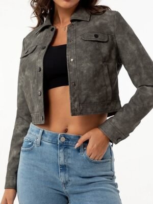 Street Style Regular Fit Plain Turndown Long Sleeve Short Faux Leather Jacket - Image 5