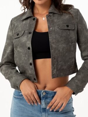 Street Style Regular Fit Plain Turndown Long Sleeve Short Faux Leather Jacket - Image 6