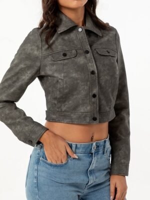 Street Style Regular Fit Plain Turndown Long Sleeve Short Faux Leather Jacket - Image 8