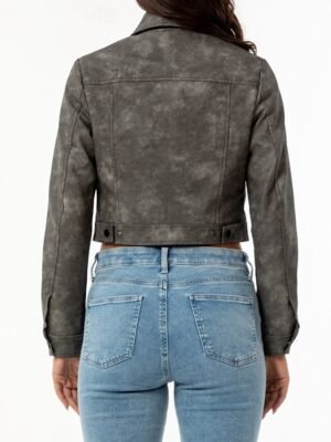 Street Style Regular Fit Plain Turndown Long Sleeve Short Faux Leather Jacket - Image 9