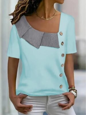 Streetwear Casual Colour Block V Neck Short Sleeve Regular Blouse - Image 4