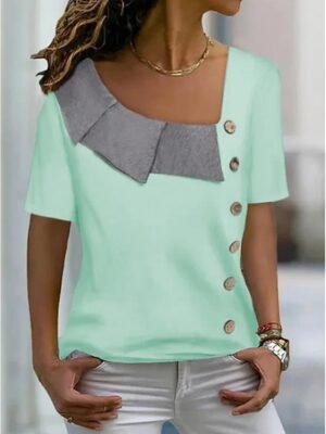 Streetwear Casual Colour Block V Neck Short Sleeve Regular Blouse - Image 5