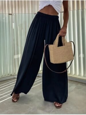 Streetwear Casual High Waist Plain Elastic Drawstring Long Wide Leg Trousers - Image 2